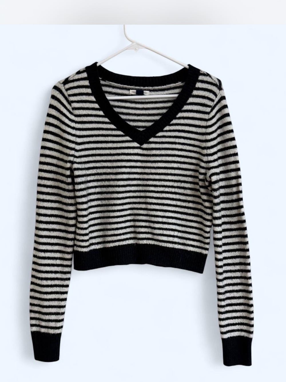 American Eagle Outfitters Black and Cream Striped V-Neck Sweater